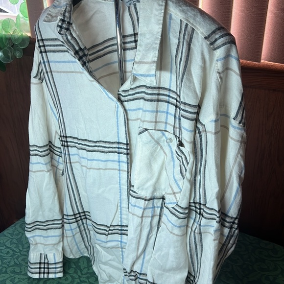 Alpine Design Women XL flannel blue cream black tan striped long sleeve button - Picture 7 of 9